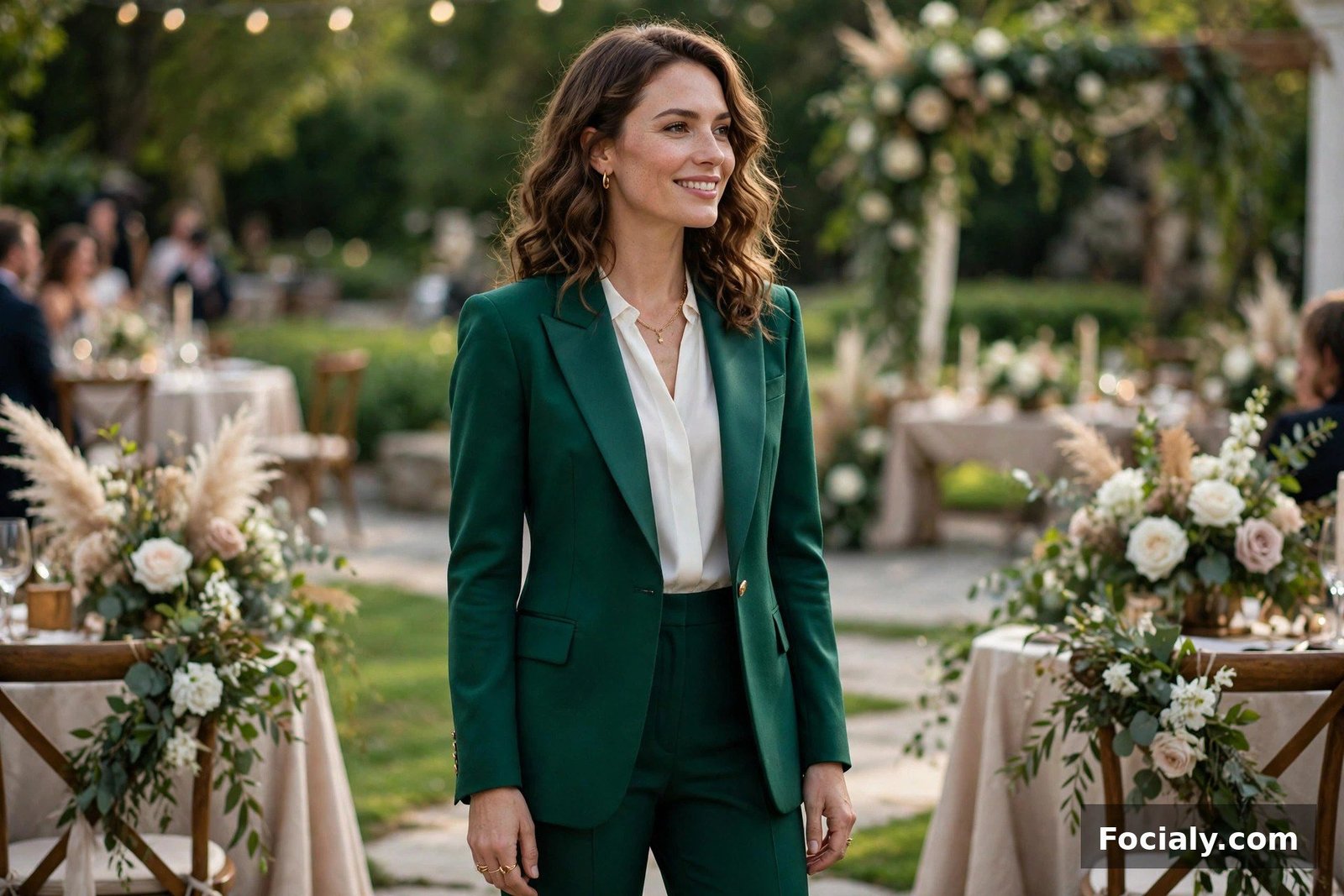 Woman wearing an emerald green suit at a wedding