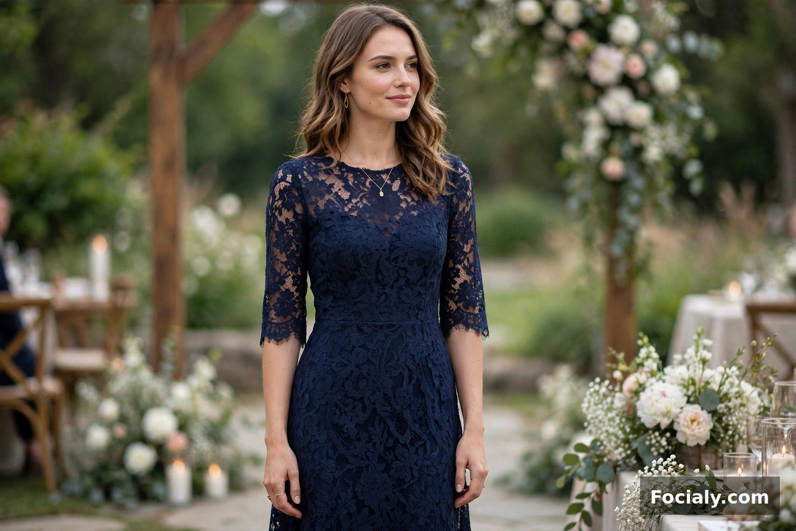 Woman in a navy blue lace midi dress at a wedding
