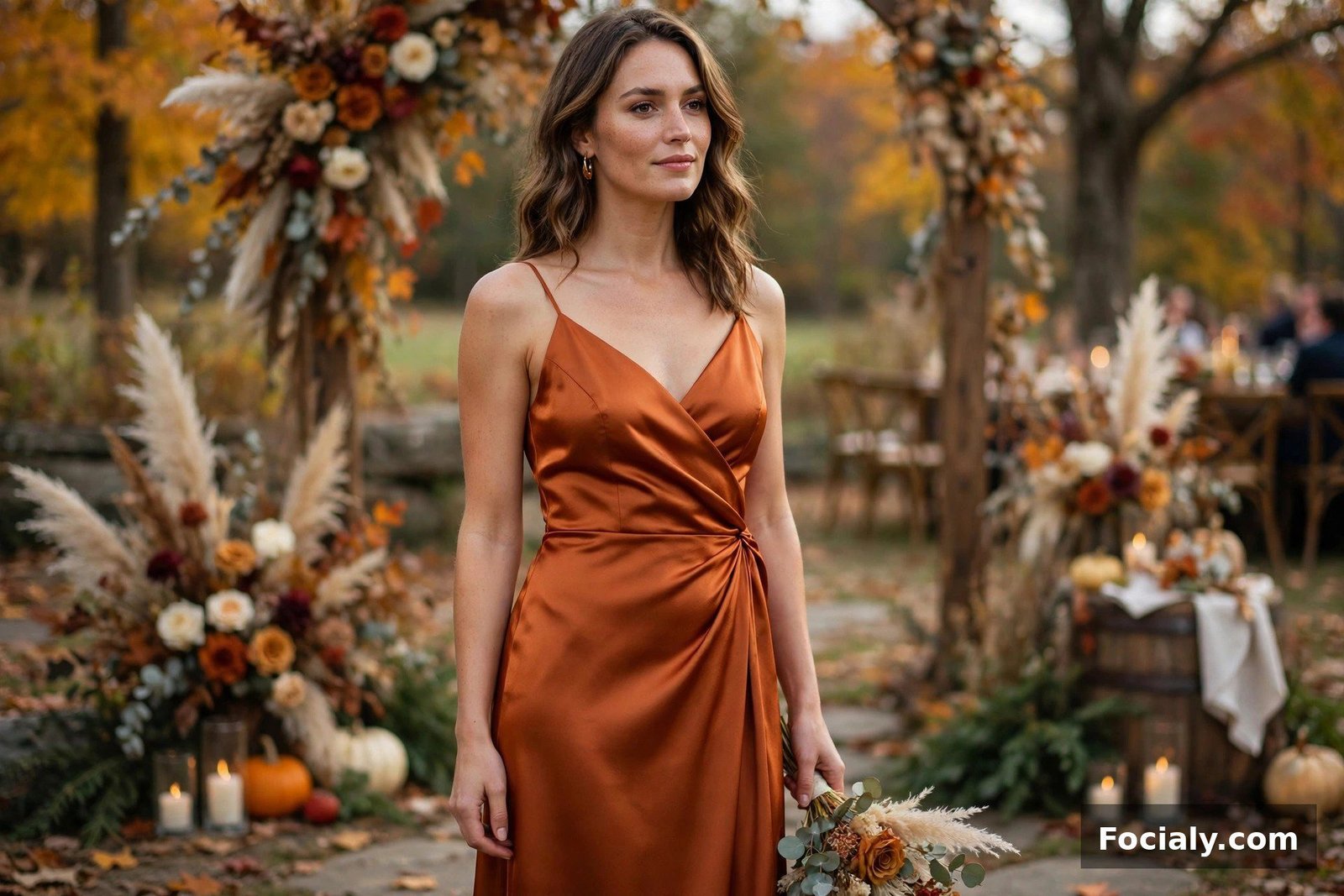 Woman wearing a burnt orange satin midi dress at a fall wedding
