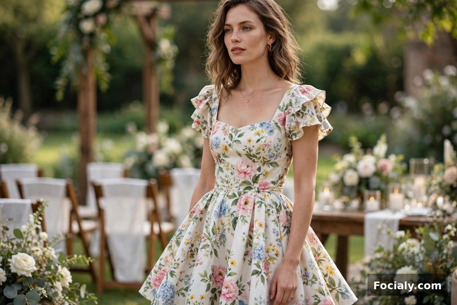 Woman wearing a floral fit-and-flare dress at a wedding