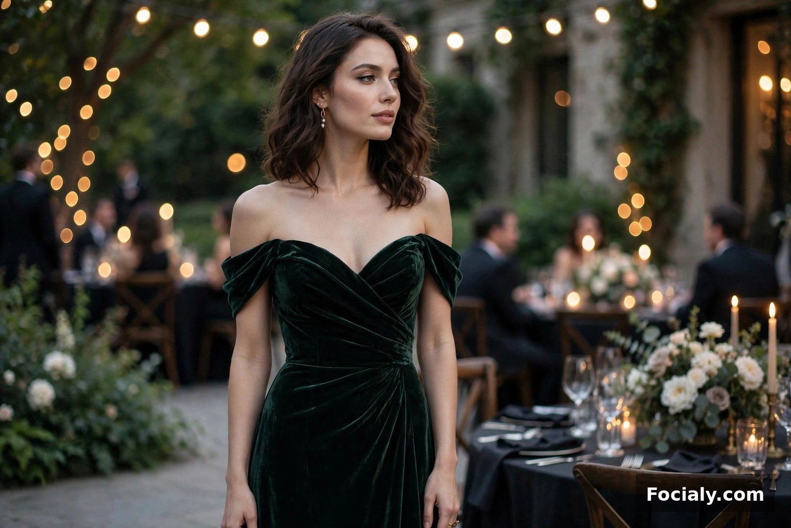 Woman in a dark green velvet evening gown at a black-tie wedding