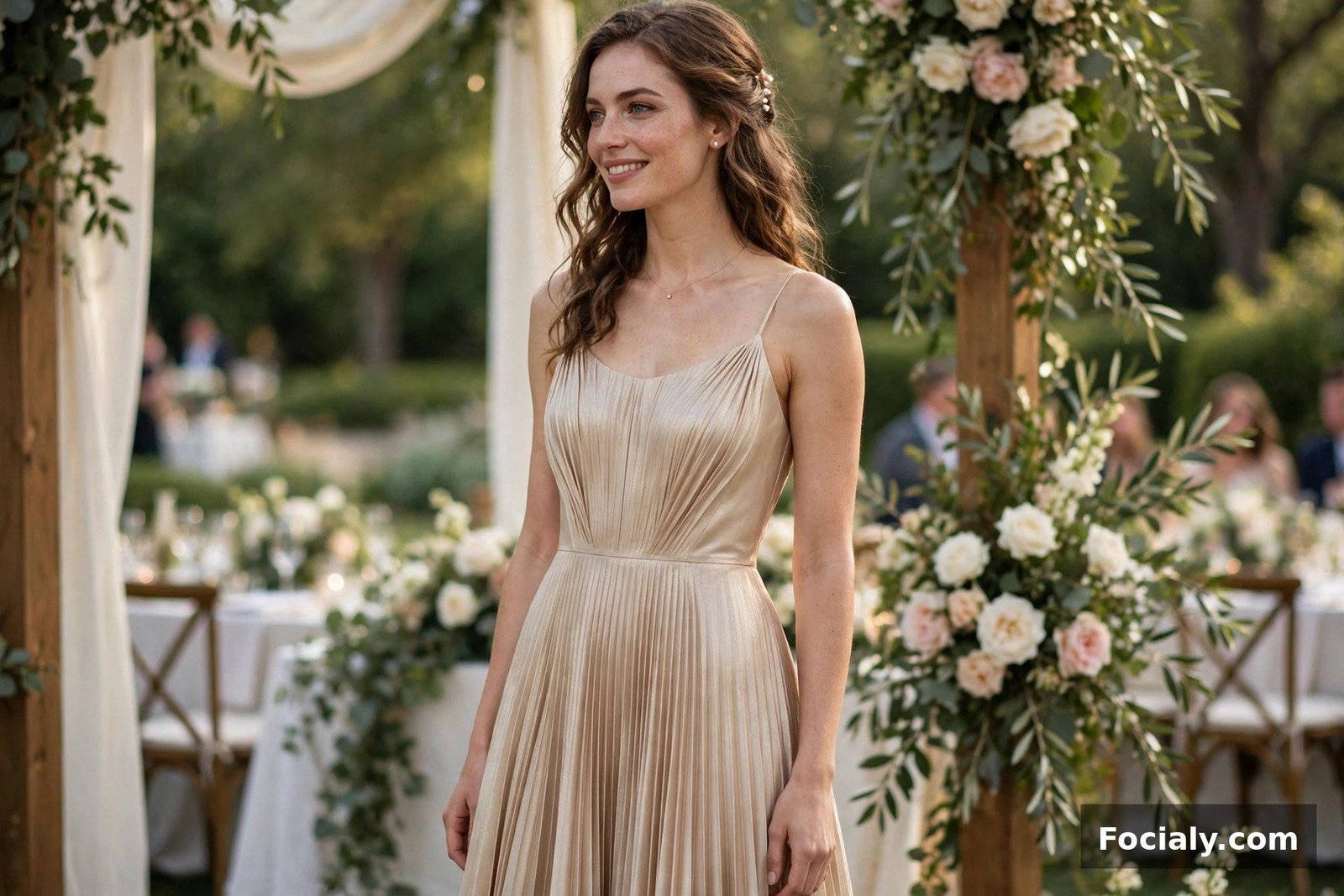 Woman wearing a champagne pleated midi dress at a wedding