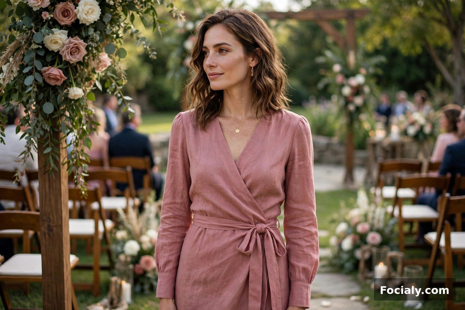Woman in a dusty rose wrap dress at a wedding ceremony