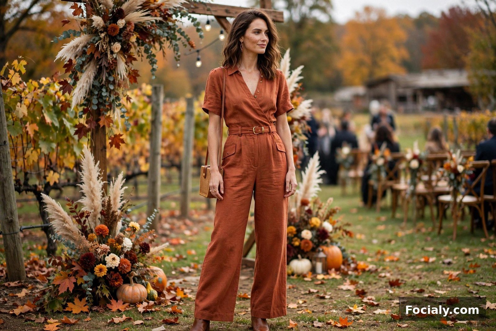 Woman in a terracotta-colored jumpsuit at a fall wedding