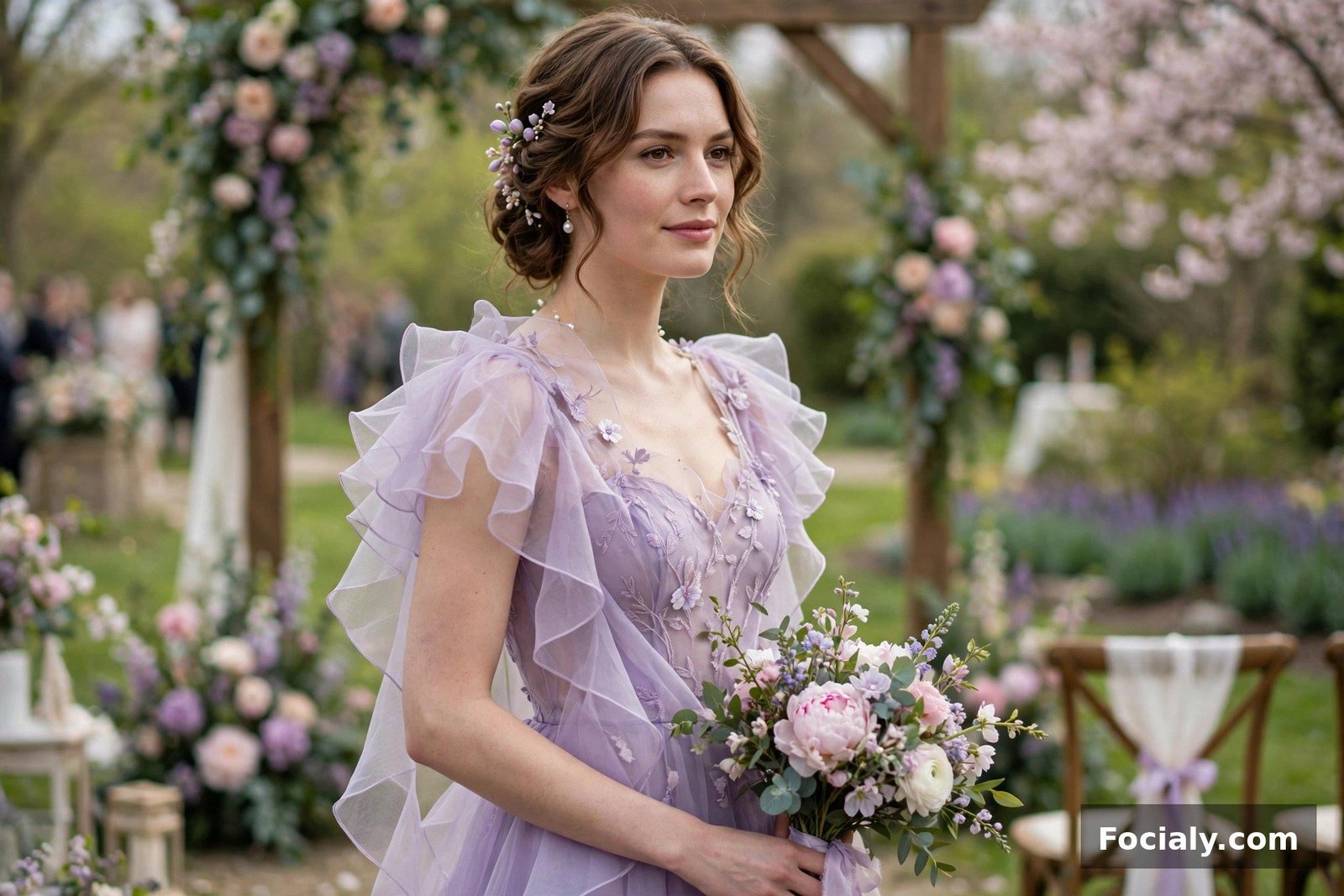 Woman wearing a lilac organza dress at a spring wedding