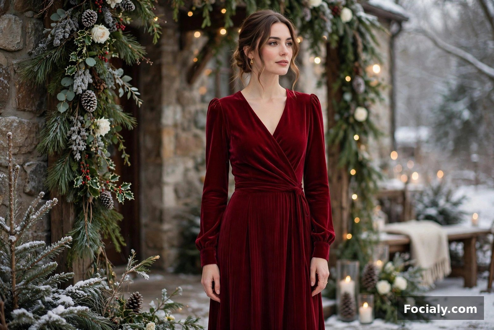 Woman in a wine-red long-sleeve midi dress at a winter wedding