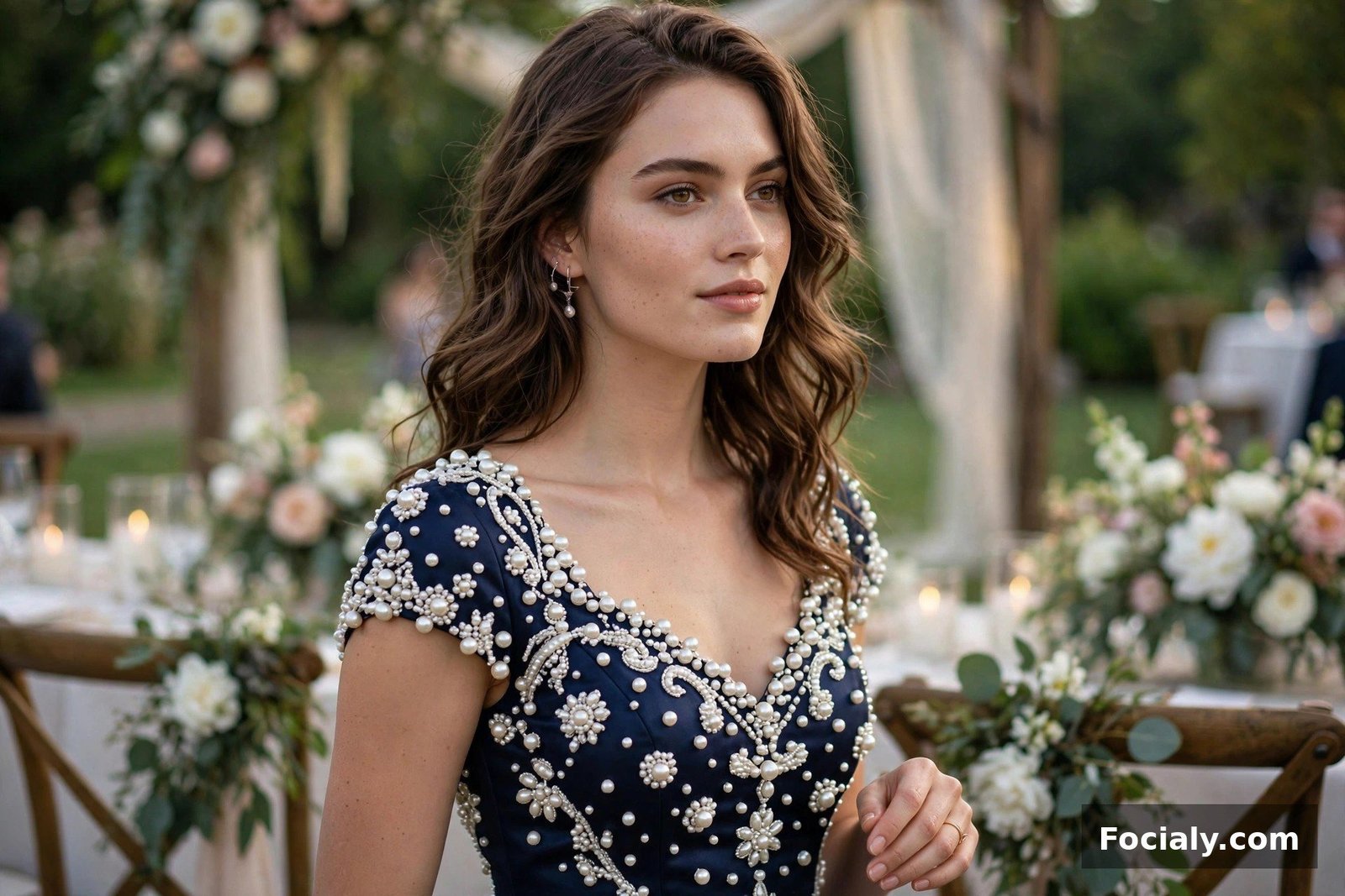 Woman wearing a pearl-embellished cocktail dress at a wedding