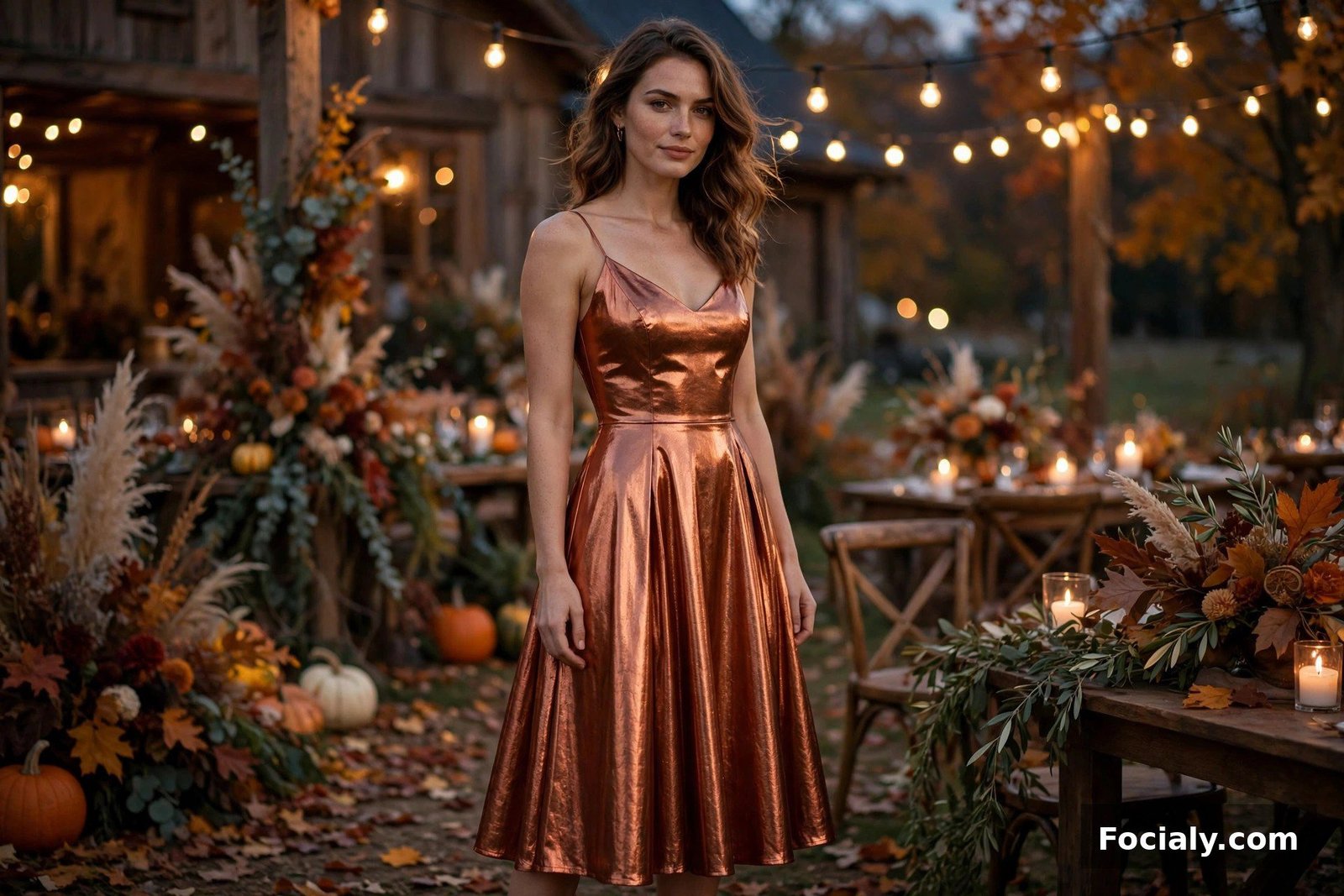 Woman in a copper metallic midi dress at a fall evening wedding