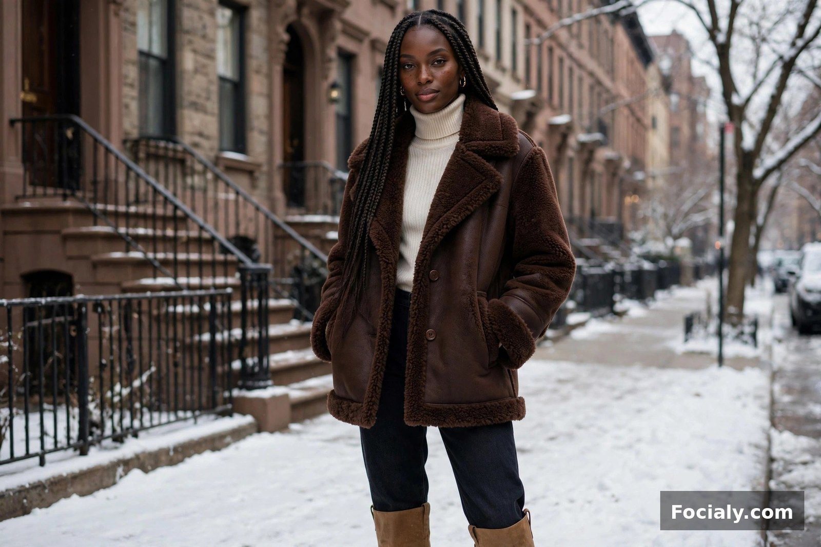 Black woman with box braids in a chocolate shearling coat, cream turtleneck and tan knee boots on a snowy sidewalk