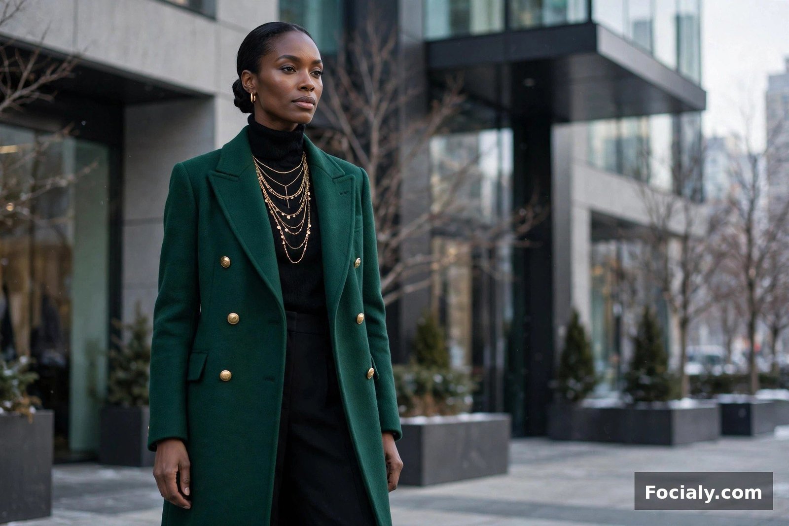 Black woman in an emerald wool coat with gold jewelry in front of a city building