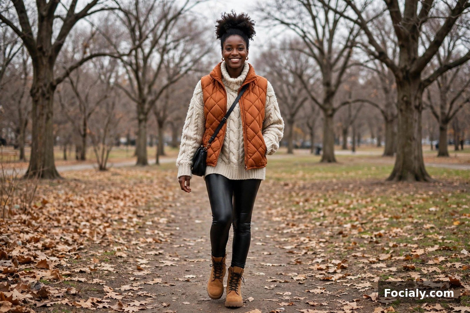 Black woman with a high puff wearing a burnt-orange puffer vest and chunky knit sweater in a winter park