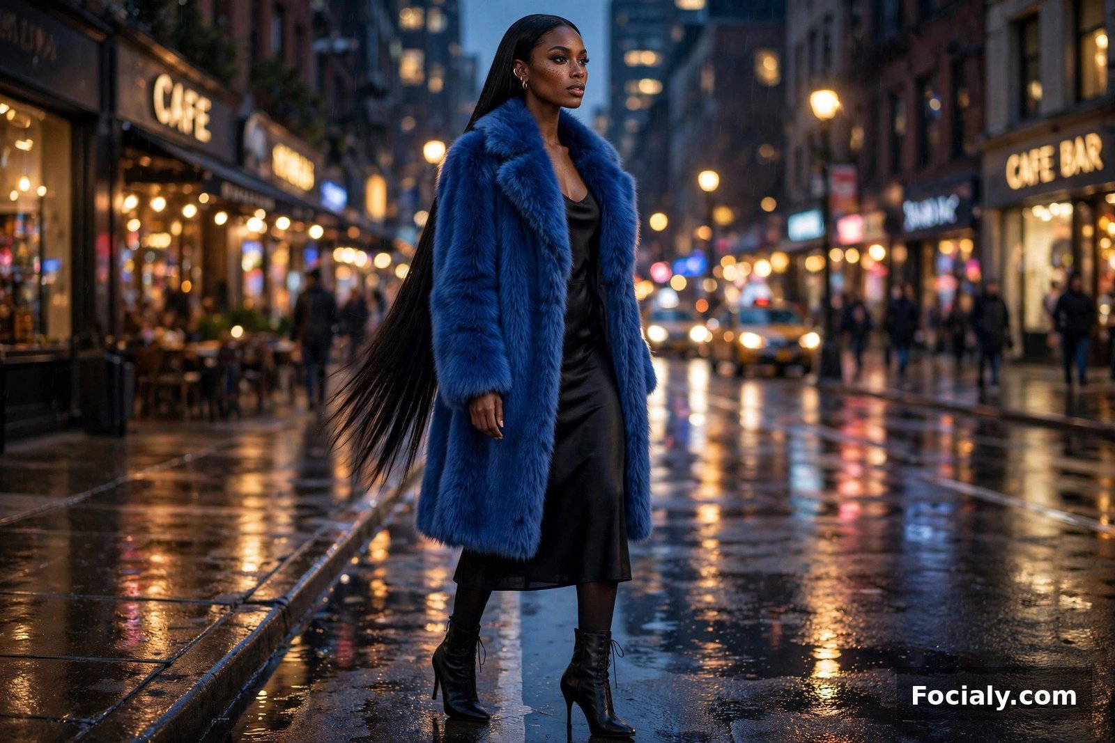 Black woman in a cobalt faux fur coat and black slip dress on a city street at night
