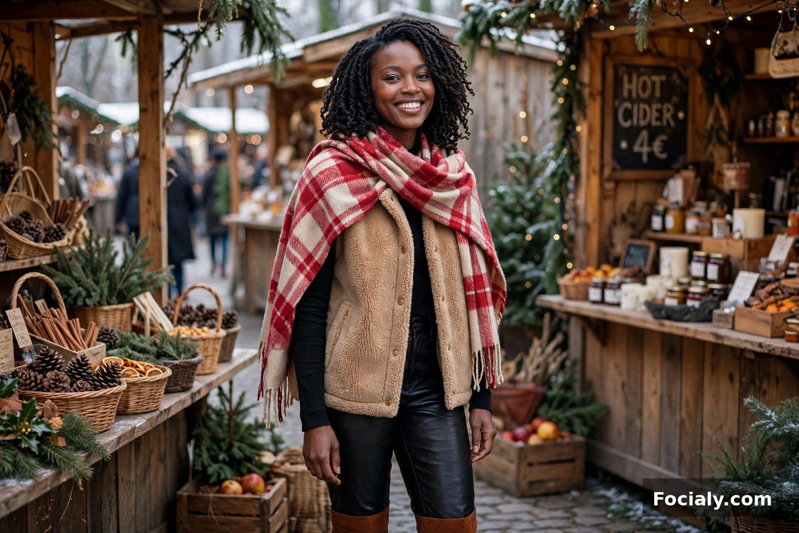 Black woman with a twist-out wearing a plaid blanket scarf and teddy vest at a winter market