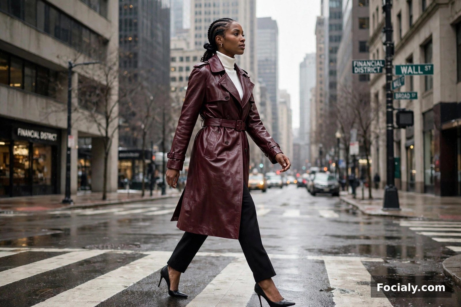 Black woman in a burgundy leather trench coat and tailored trousers crossing a city street