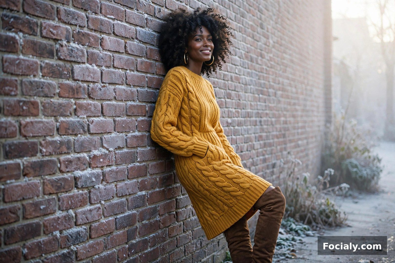 Black woman with a curly afro in a mustard knit dress and brown suede boots against a frosty brick wall