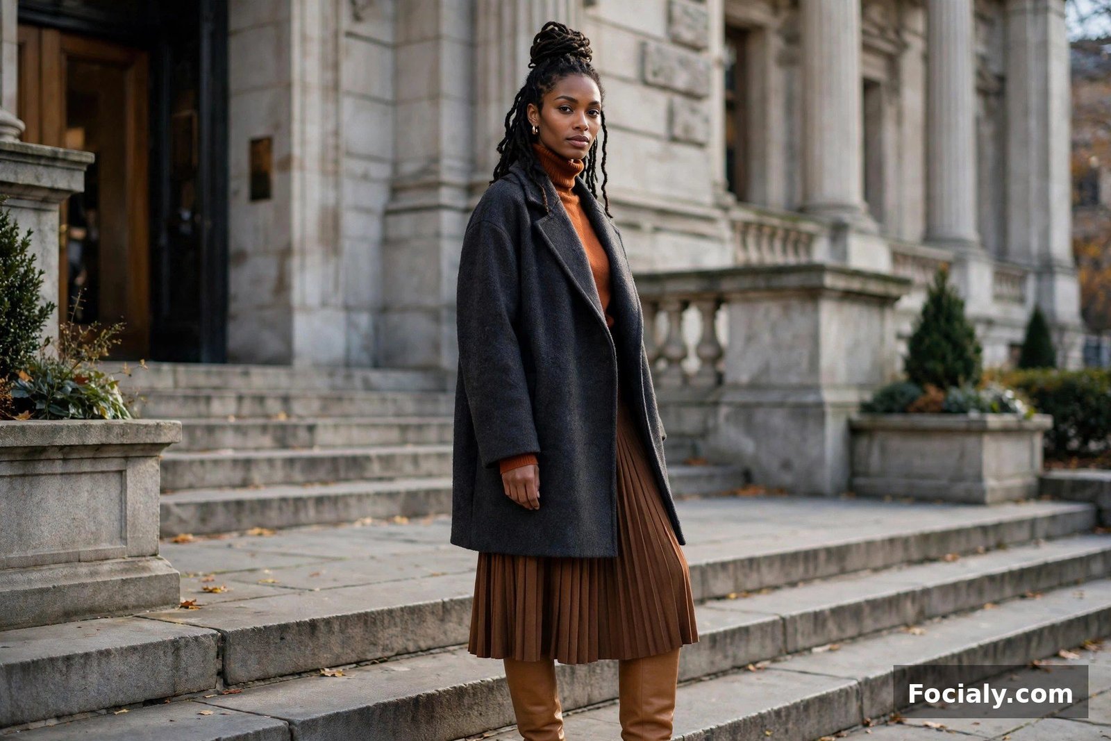 Black woman with locs wearing a charcoal wool coat, rust turtleneck and pleated midi skirt on museum steps