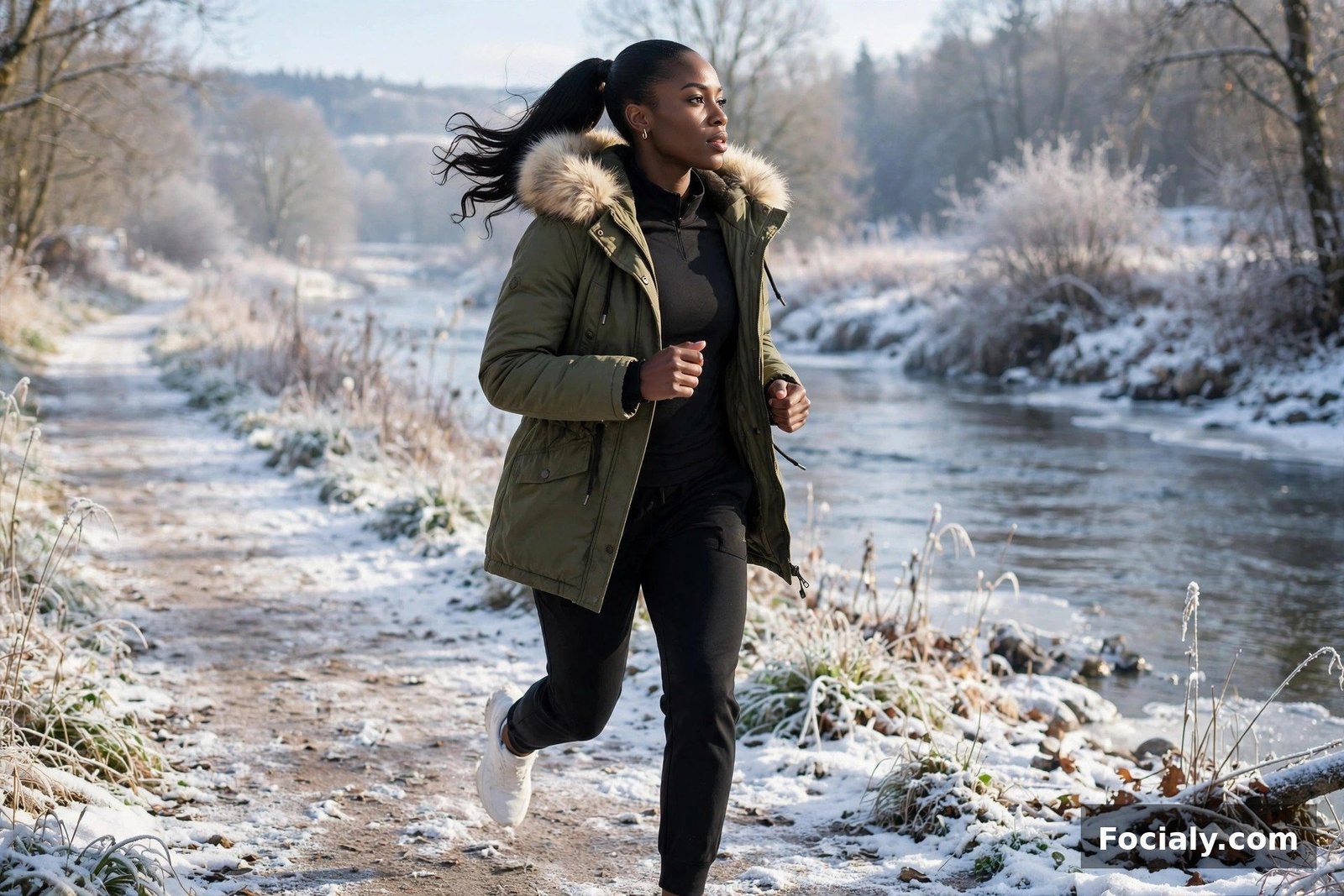Black woman in an olive parka with fur-trimmed hood jogging on a snowy riverside path