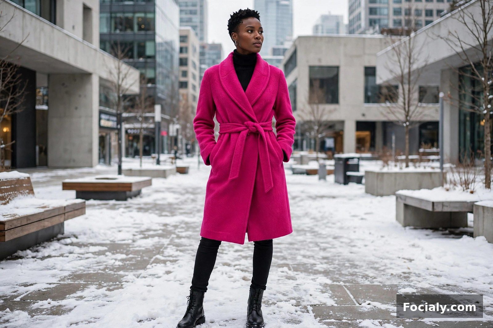 Black woman with a tapered natural cut in a fuchsia wrap coat and black jeans in a snowy plaza