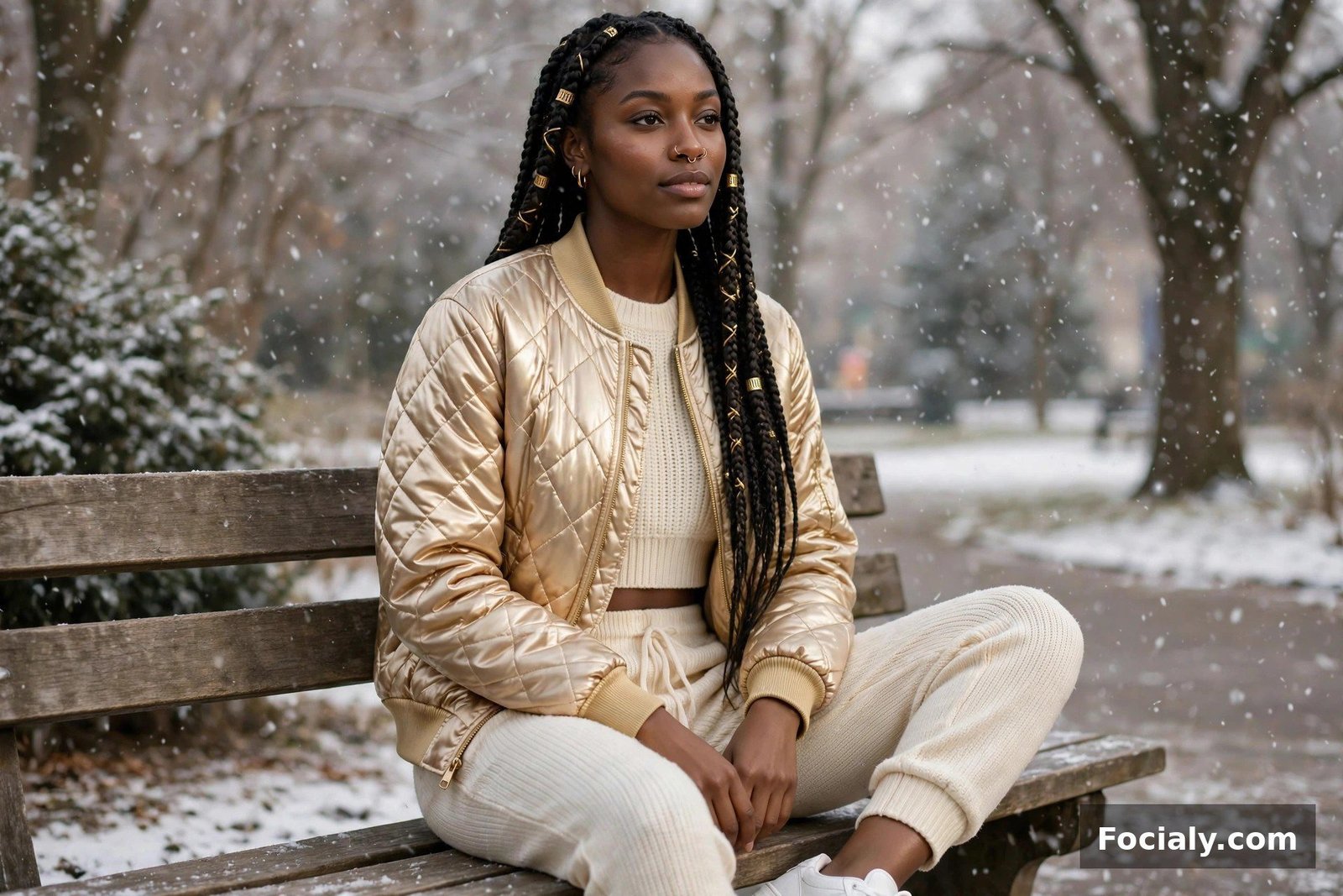 Black woman with goddess braids in a champagne quilted bomber and cream knit set on a snowy park bench