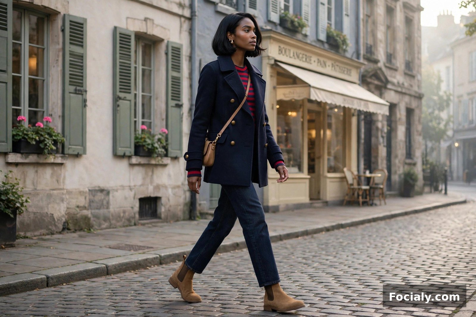 Black woman with a bob in a navy peacoat and striped sweater on a cobblestone street