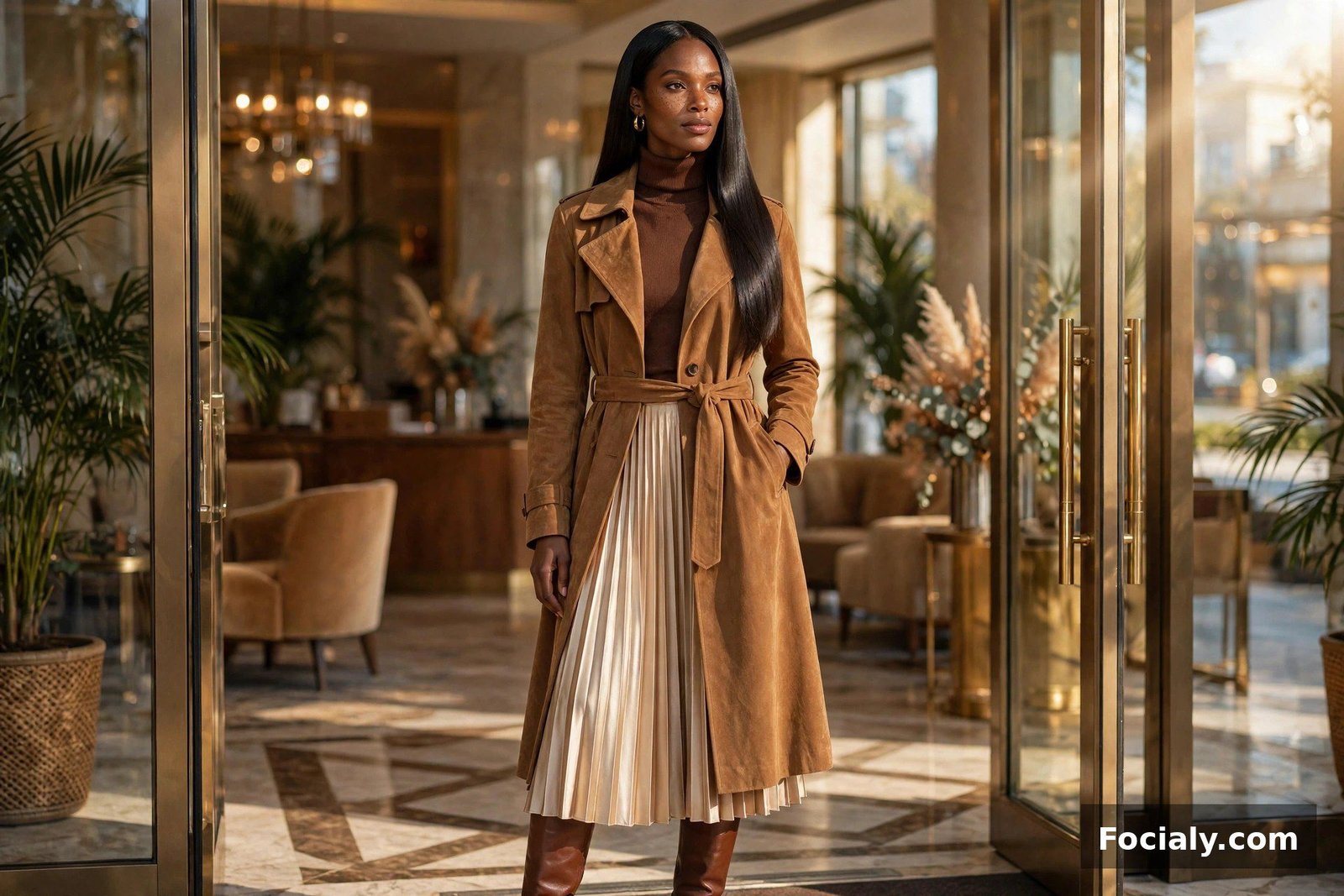 Black woman in a caramel suede trench and champagne satin skirt in a sunlit lobby