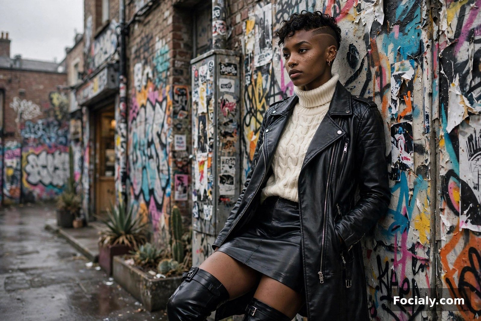 Black woman with a pixie cut in a long black leather moto coat and cable knit against a graffiti wall