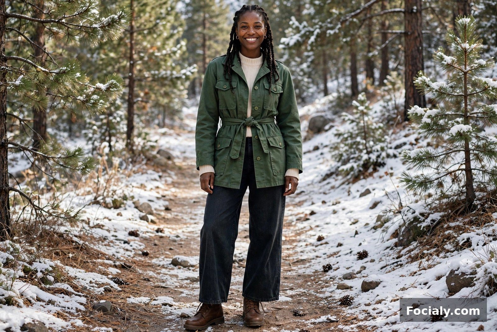 Black woman with knotless braids in a forest-green utility coat and wide-leg jeans on a snowy forest trail
