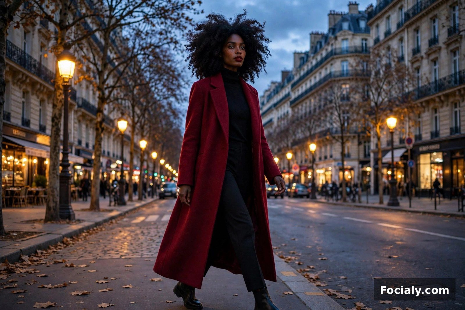 Black woman with an afro in a wine-red maxi coat over an all-black outfit on a city avenue at dusk