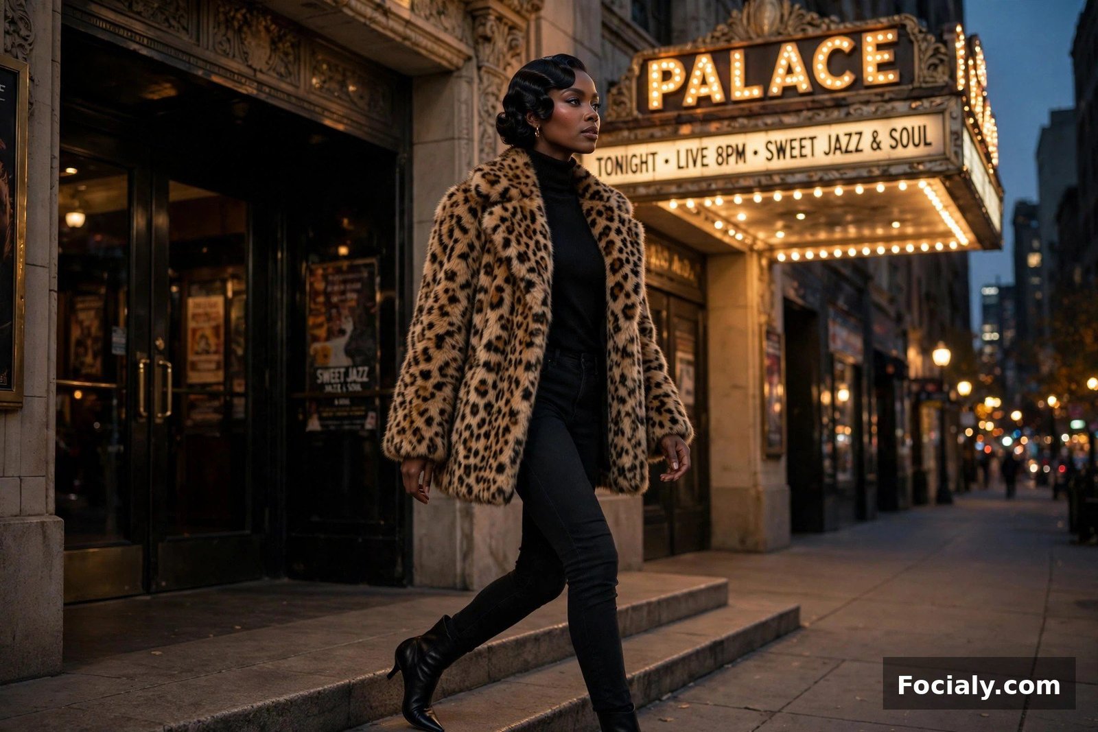 Black woman with finger waves in a leopard faux fur coat outside a theater at night