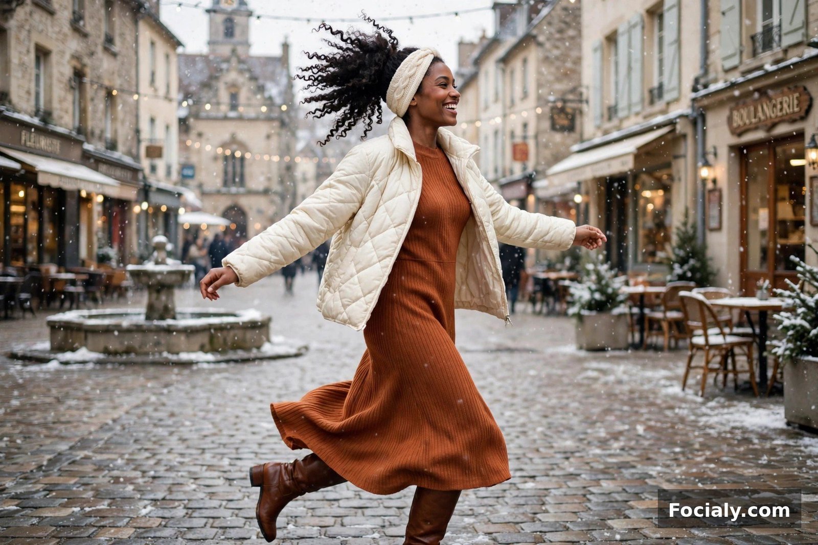 Black woman twirling in an ivory puffer and rust knit dress in falling snow