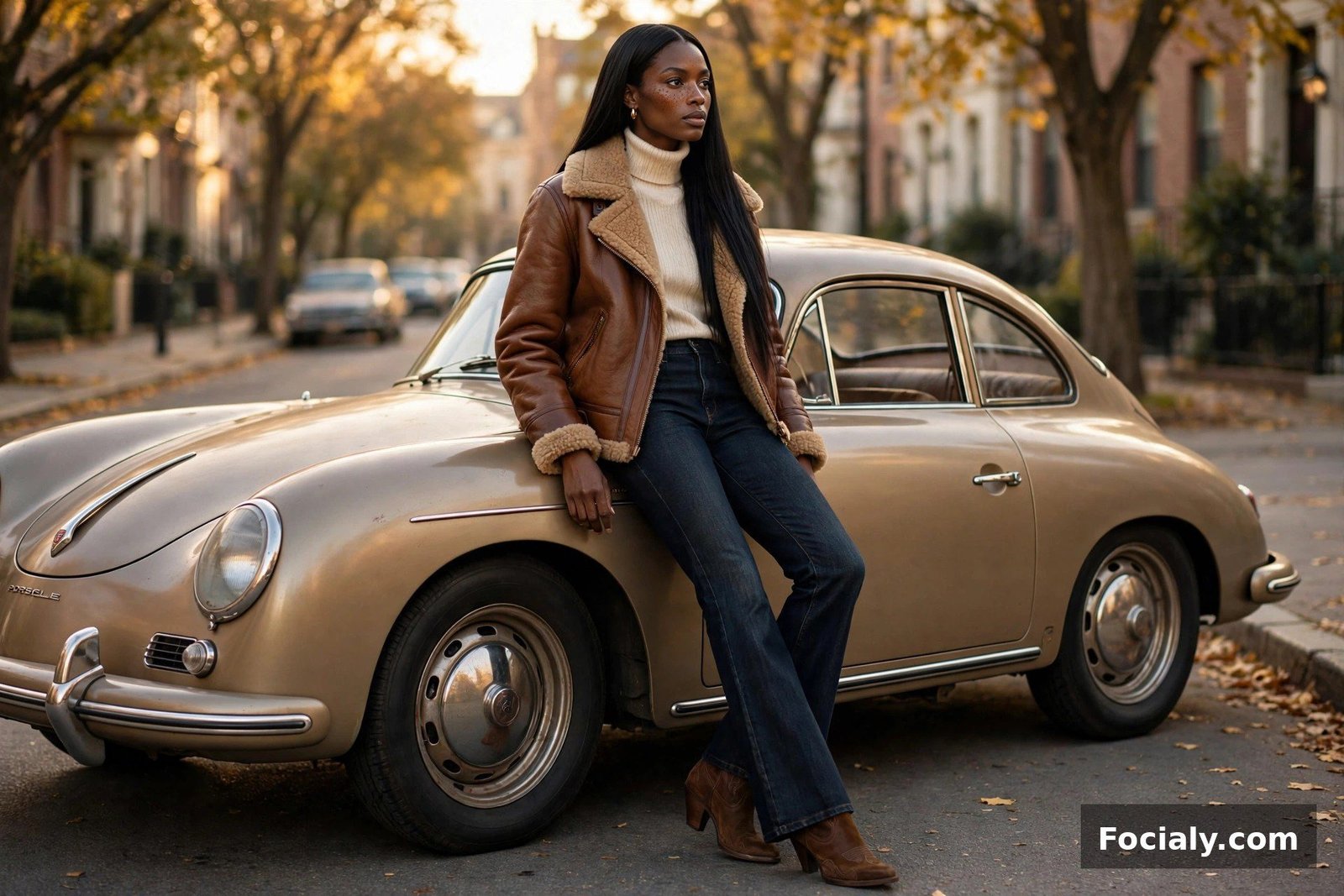 Black woman in a cognac leather jacket and flared jeans leaning on a vintage car