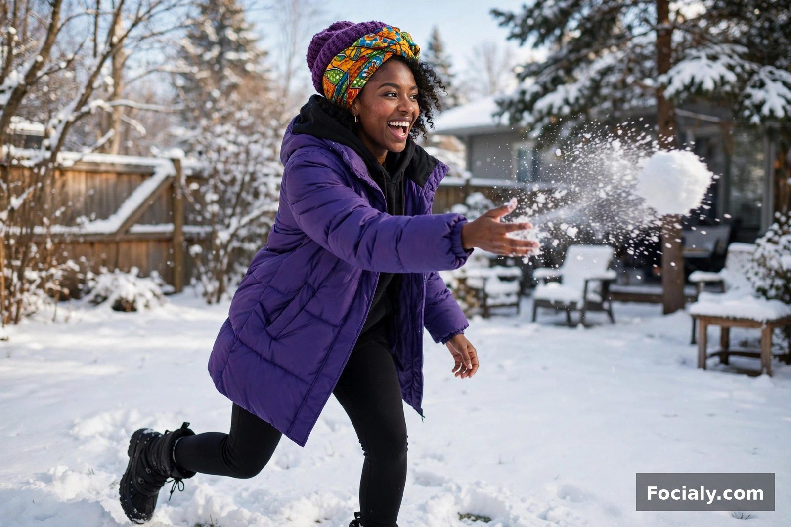 Black woman with a headwrap in a royal-purple puffer coat playing in the snow