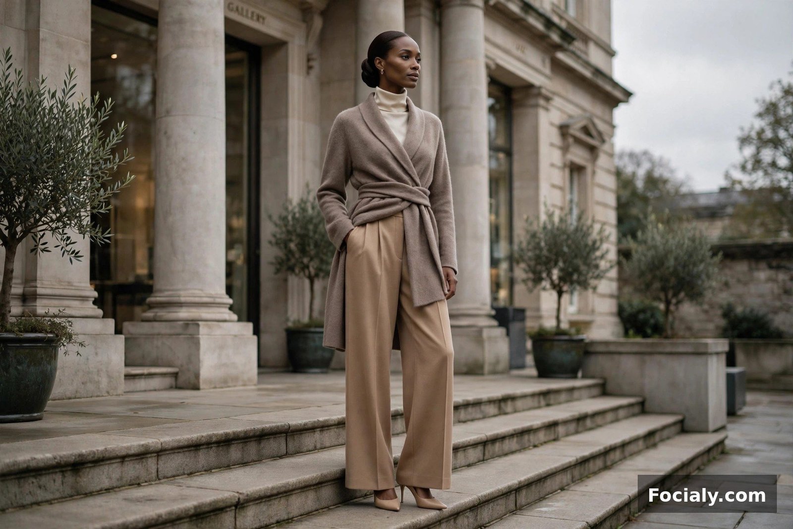 Black woman in a taupe cashmere coat and camel trousers on gallery steps