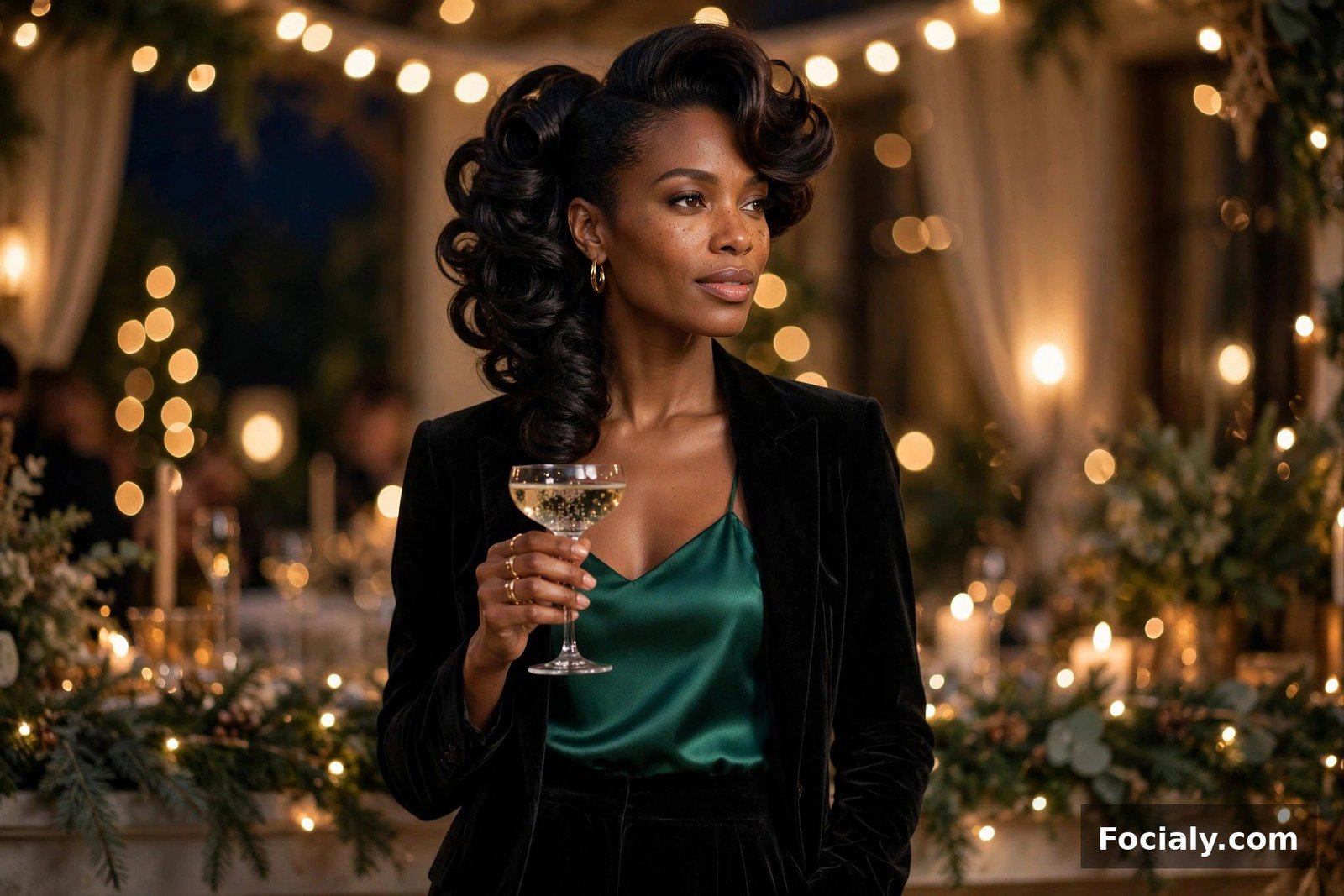 Black woman in a black velvet suit with emerald camisole at a holiday party