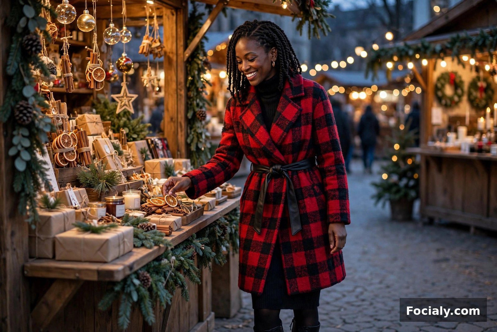 Black woman in a red plaid wrap coat and black sweater dress at a Christmas market