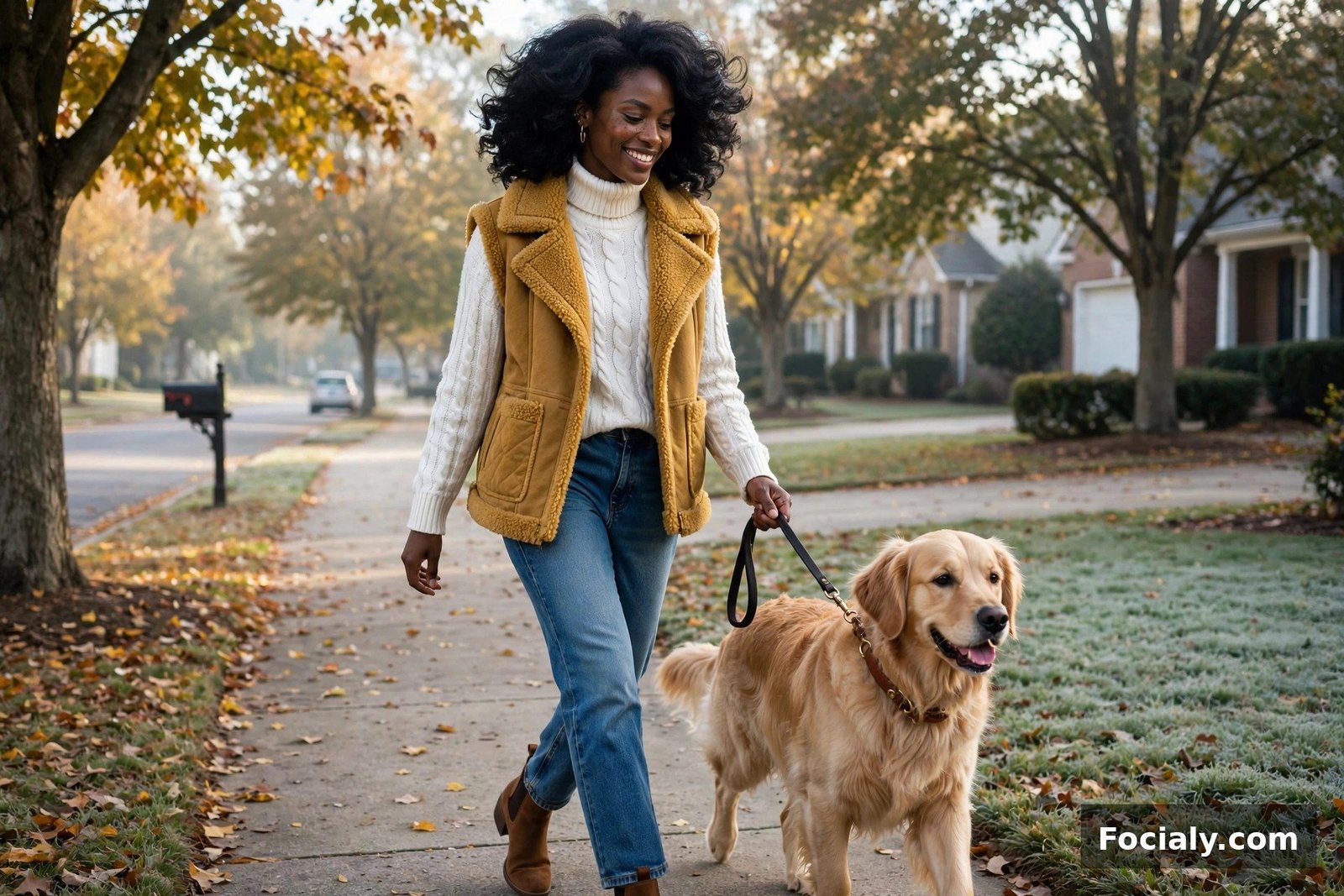 Black woman in a mustard shearling vest and white knit walking a dog on a crisp morning