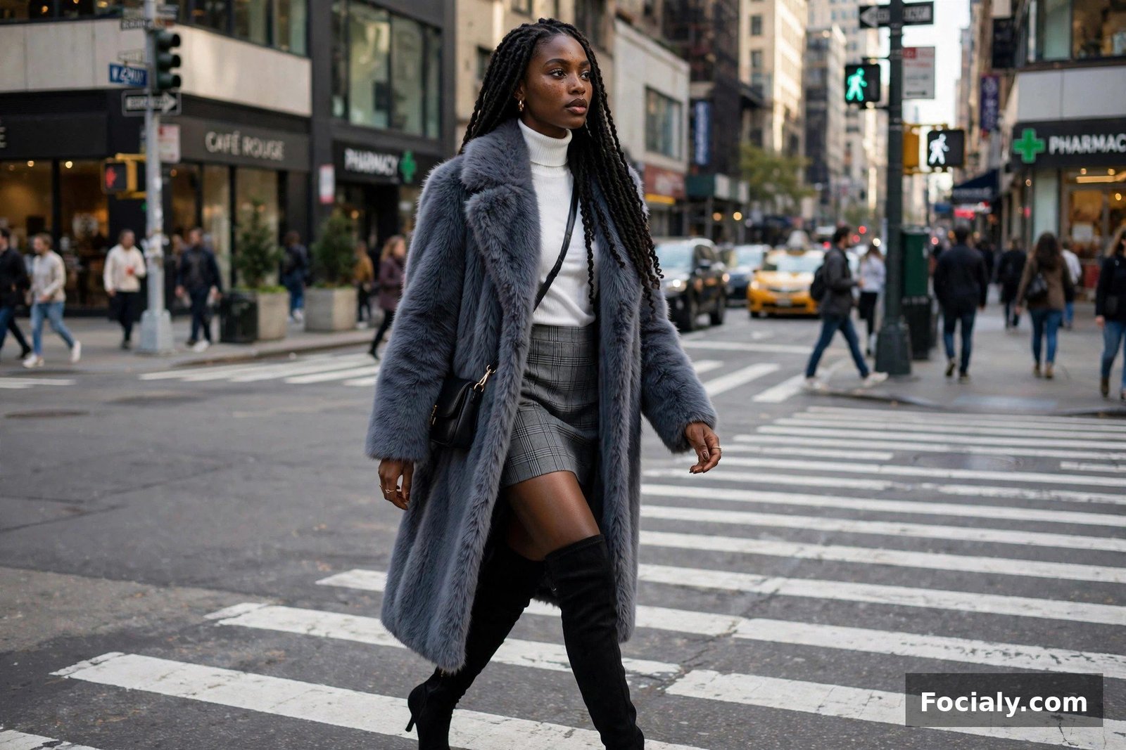 Black woman in a slate faux fur coat and grey plaid mini skirt crossing a downtown street