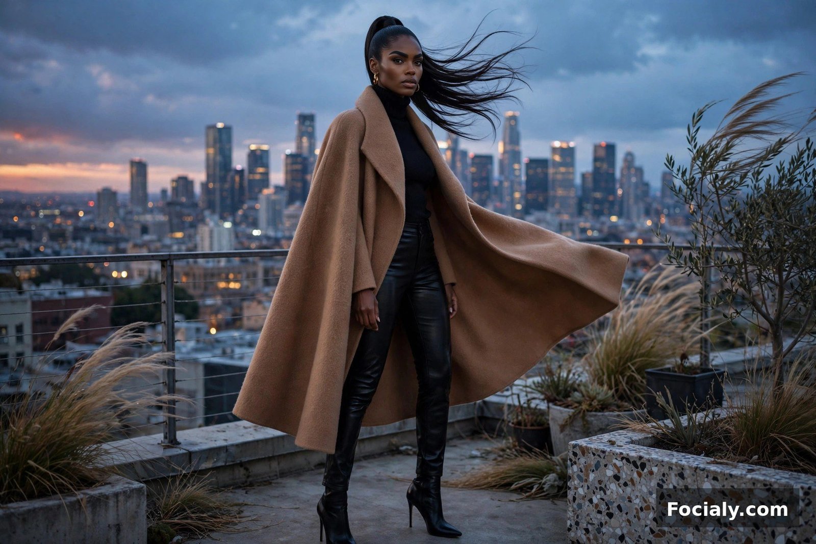 Black woman in a camel cape coat and leather pants on a rooftop at dusk