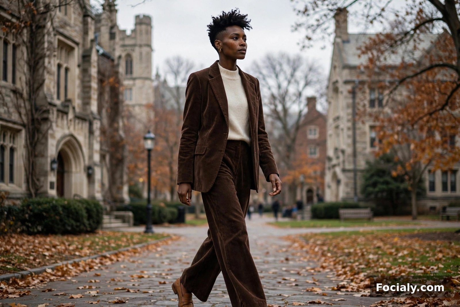 Black woman in a chocolate corduroy suit walking on a university campus