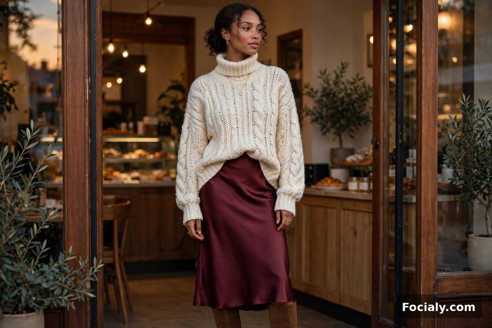 Black woman in a burgundy satin skirt and cream chunky sweater in a café doorway