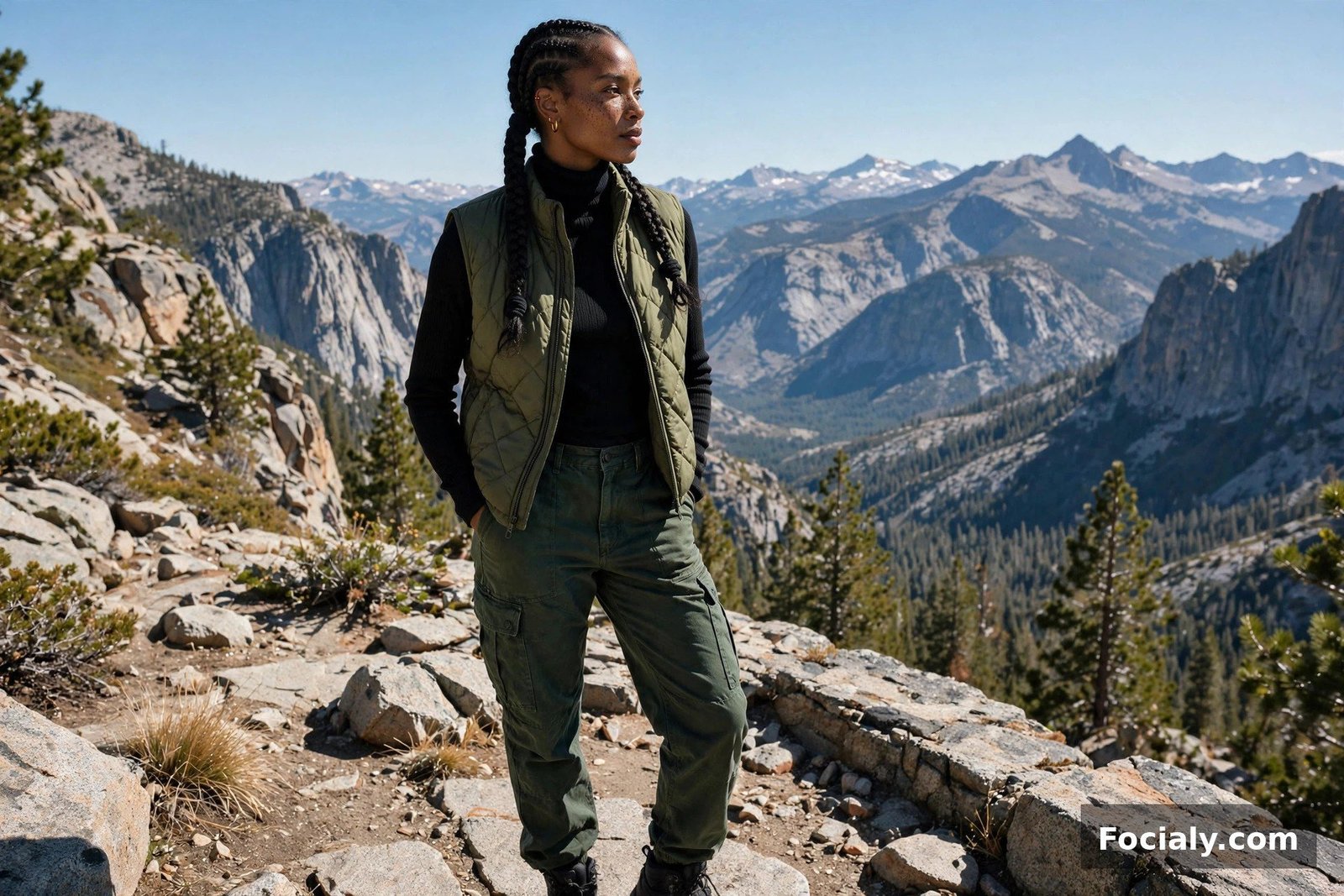 Black woman in an olive quilted vest and cargo jeans on a mountain overlook