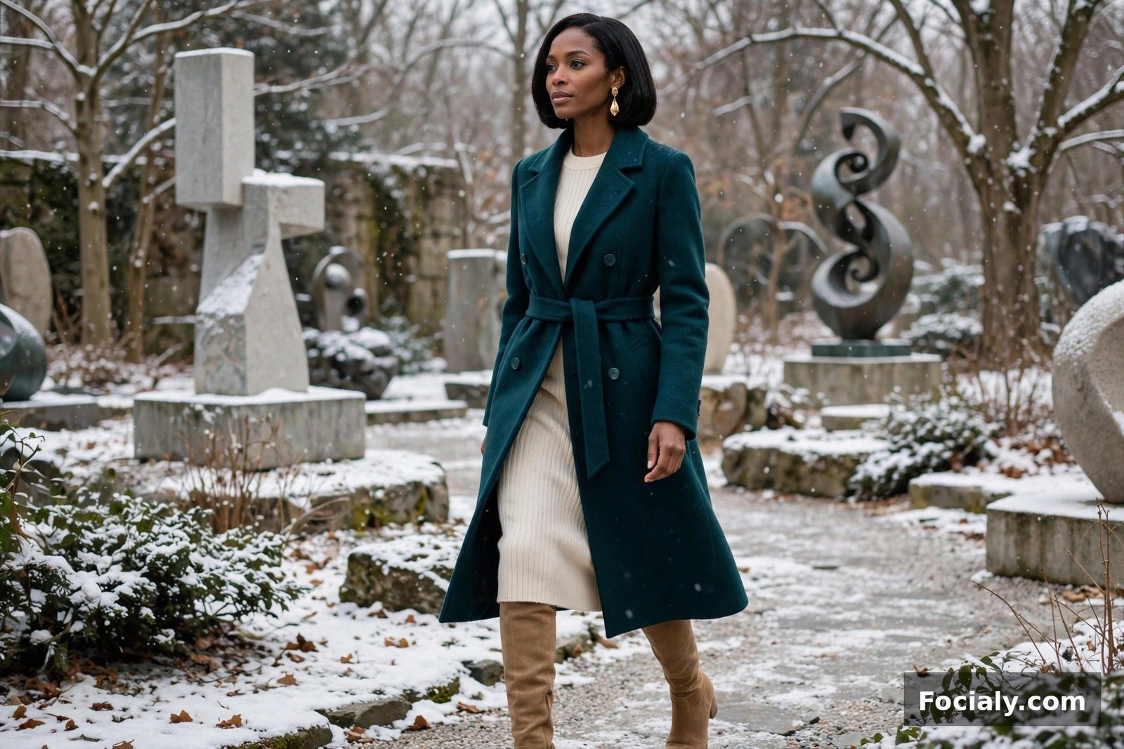 Black woman in a teal wool coat and cream knit dress in a snowy sculpture garden