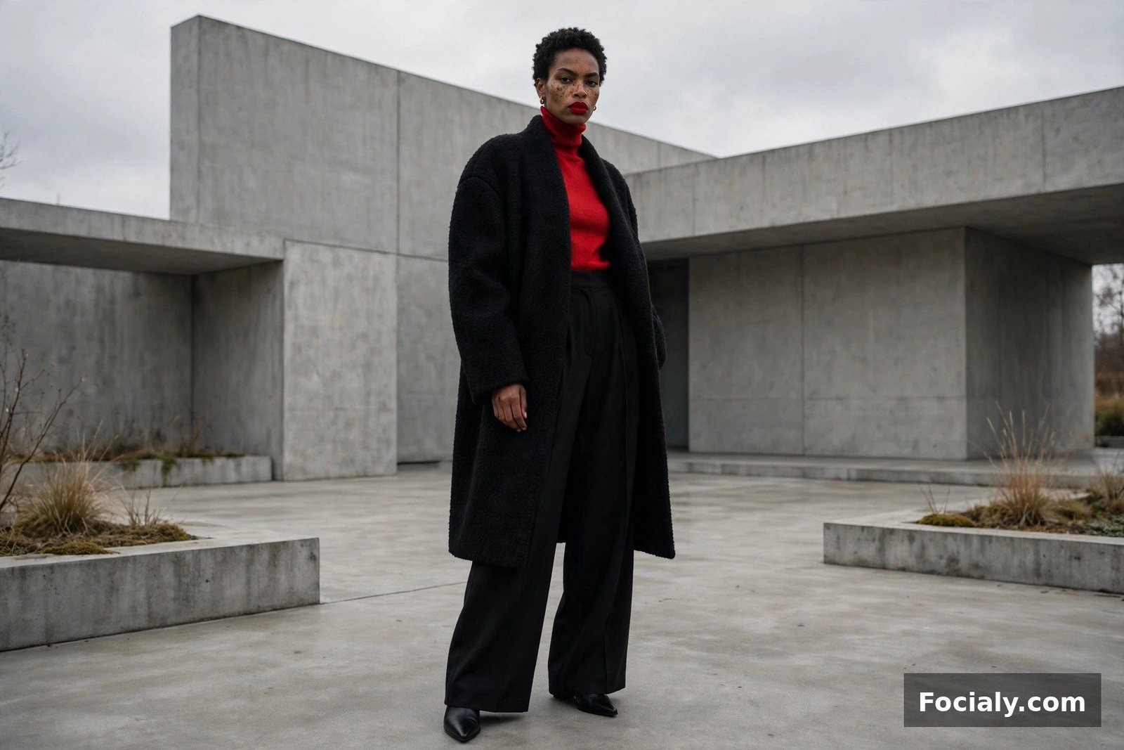 Black woman in a black cocoon coat and red turtleneck in front of a concrete building