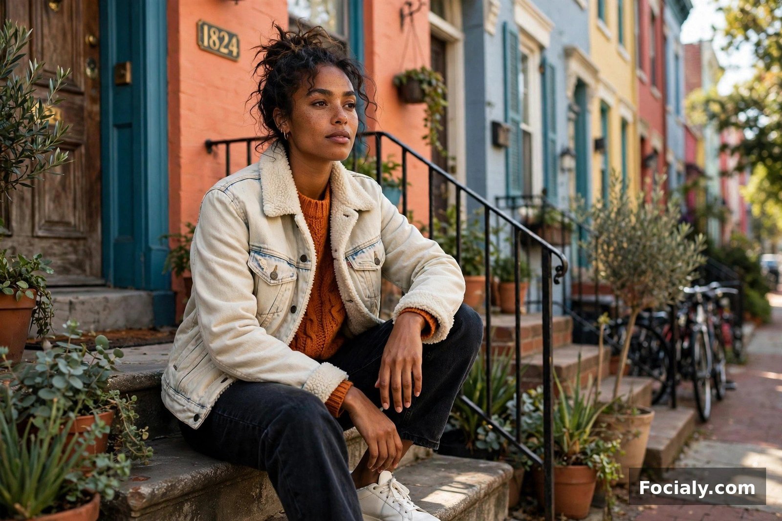 Black woman in a teddy-lined denim jacket and burnt-orange knit on rowhouse steps