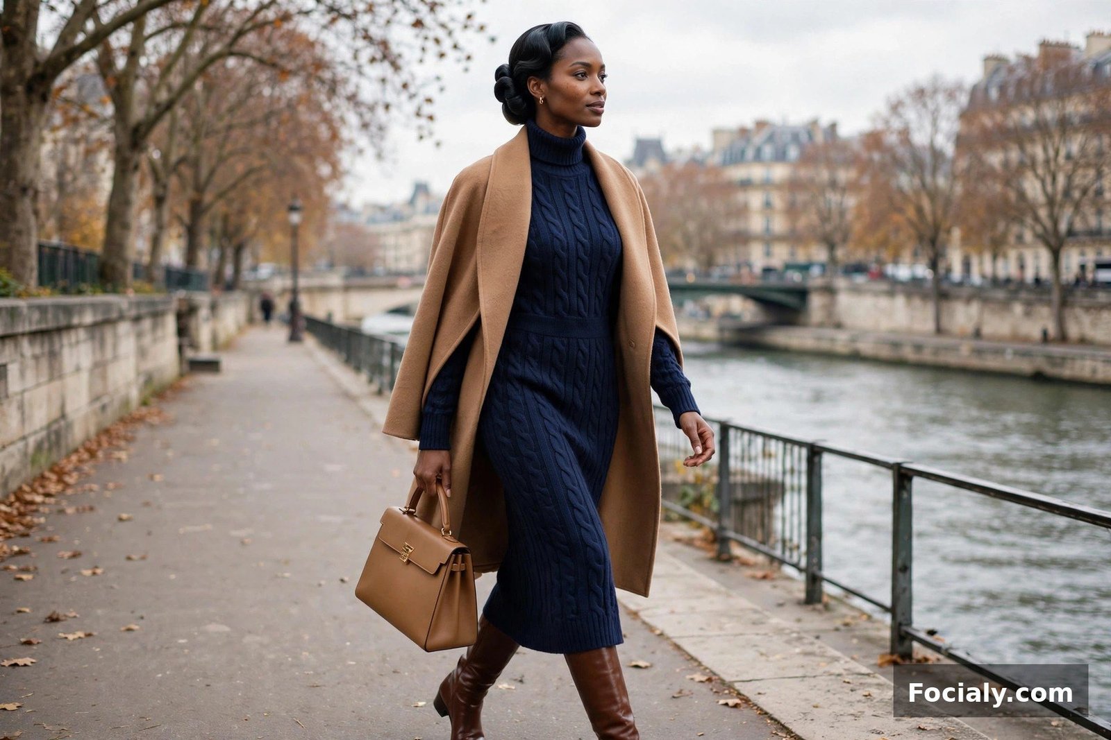 Black woman in a navy cable-knit dress and camel wrap coat on a riverside promenade