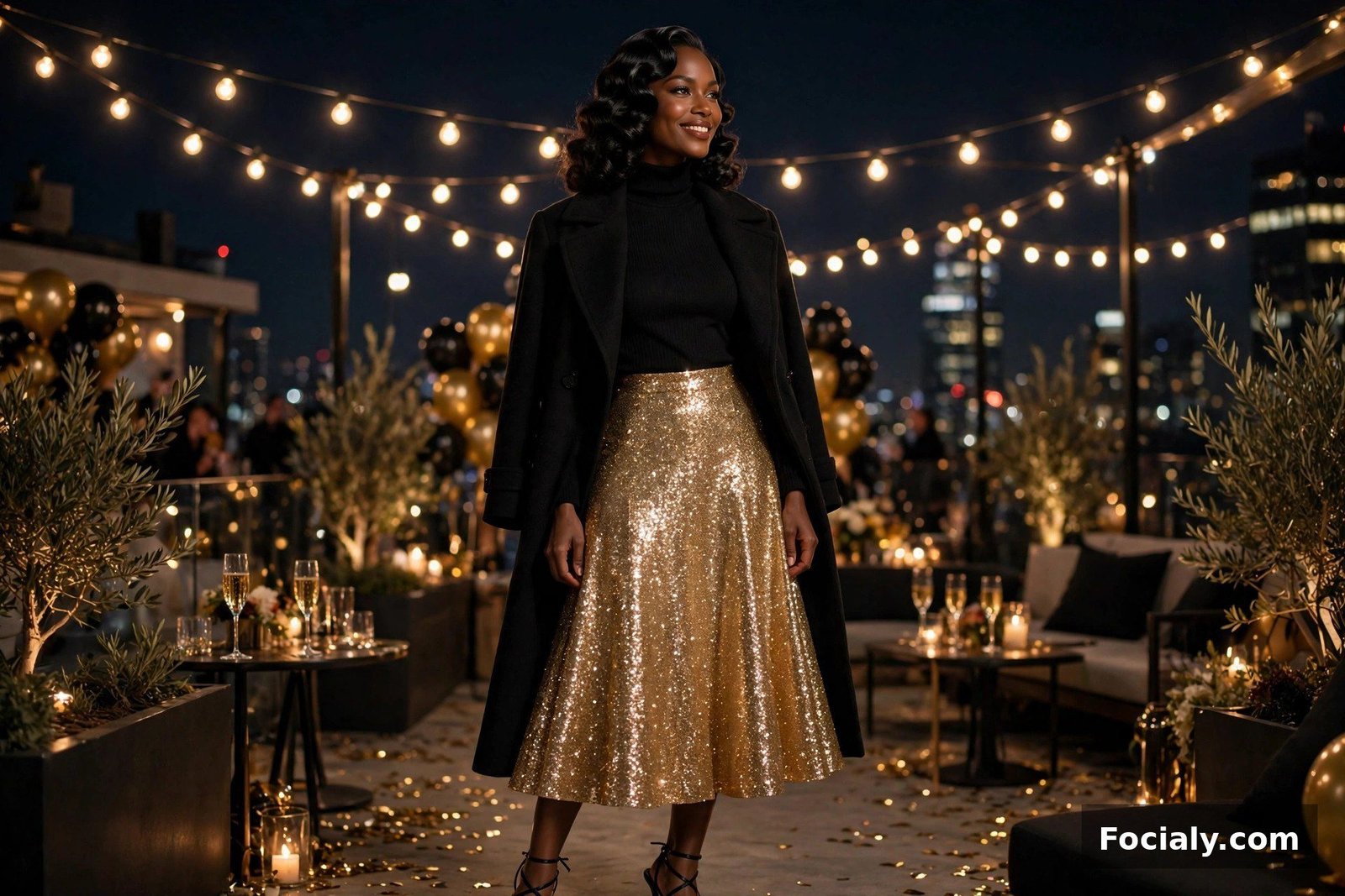 Black woman in a gold sequin skirt and black coat at a New Year's Eve rooftop party