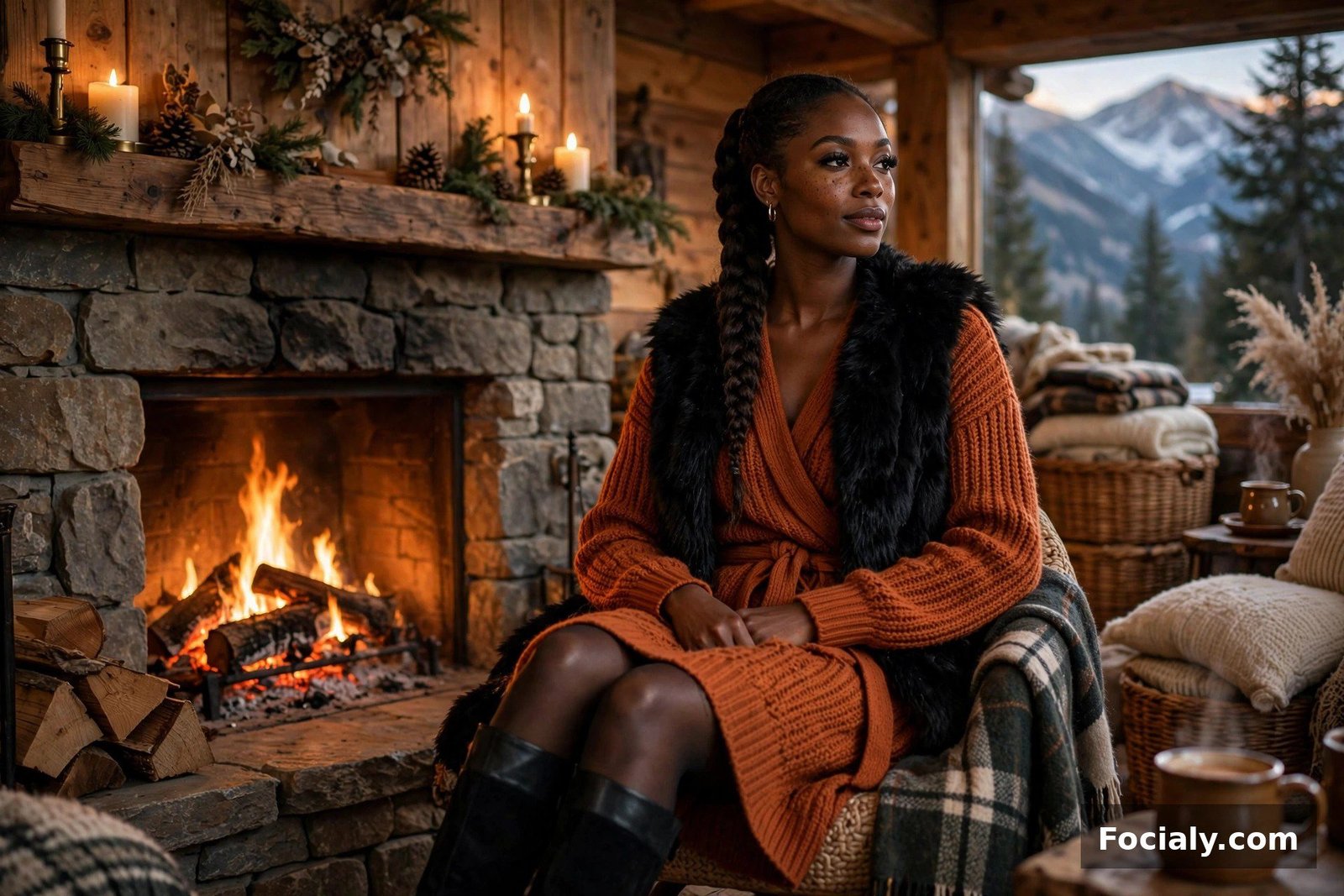 Black woman in a rust knit wrap dress and faux fur vest by a stone fireplace