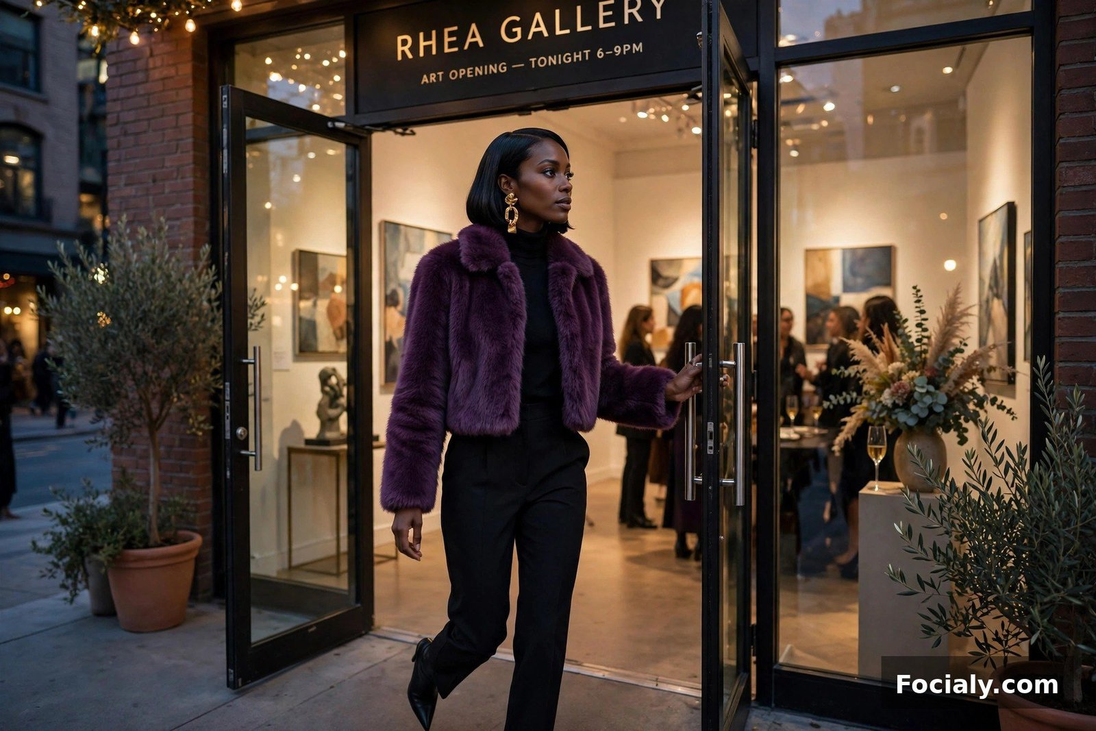 Black woman in a plum faux fur jacket and tailored trousers at a gallery opening