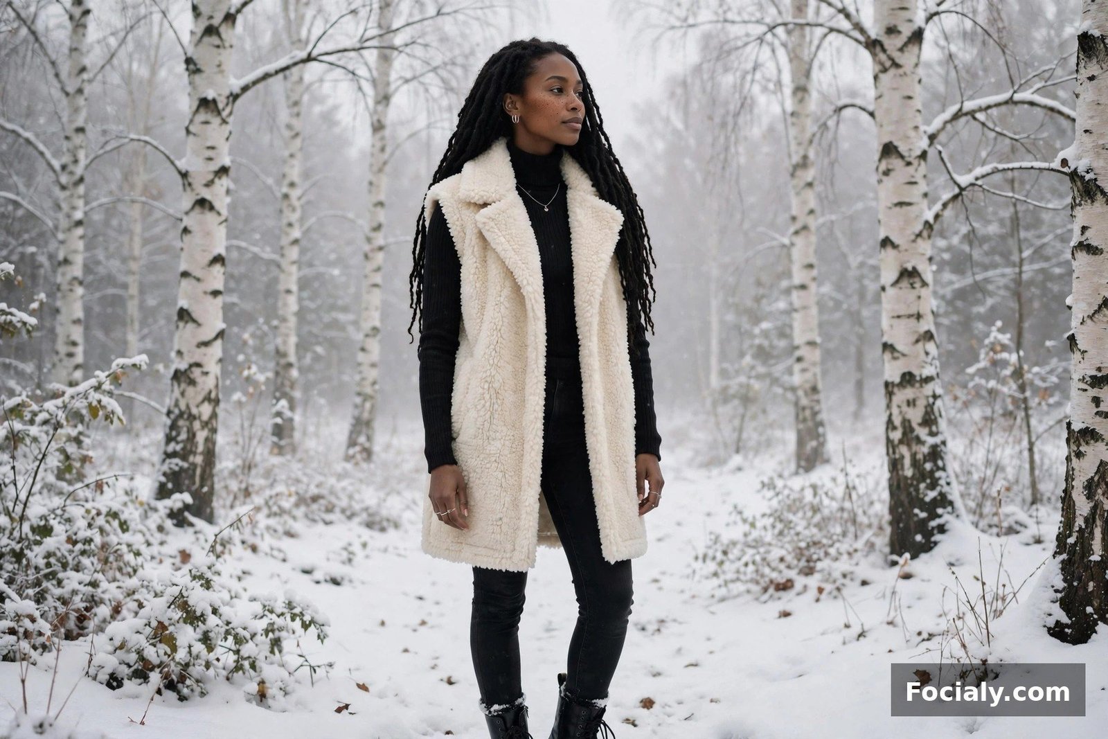 Black woman with locs in a cream shearling vest over all-black in a snowy birch forest