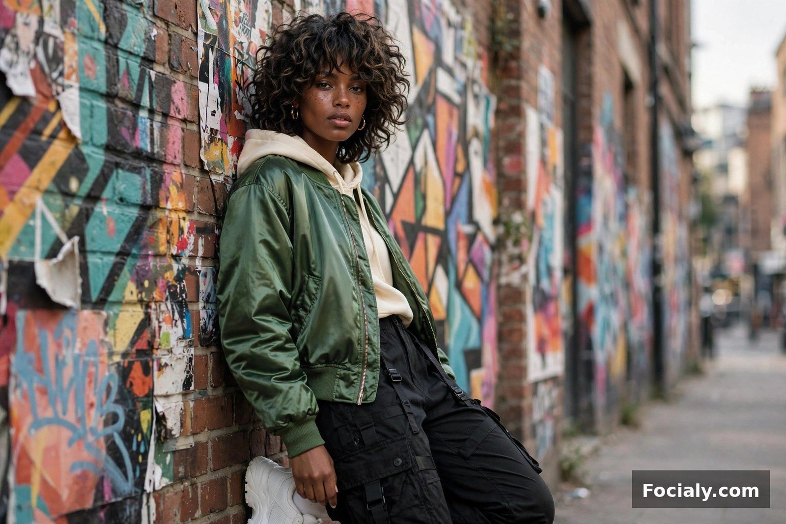 Black woman in a hunter-green satin bomber and cream hoodie against a street-art wall